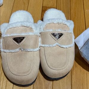 Beige and Cream Furry Mules by Prada